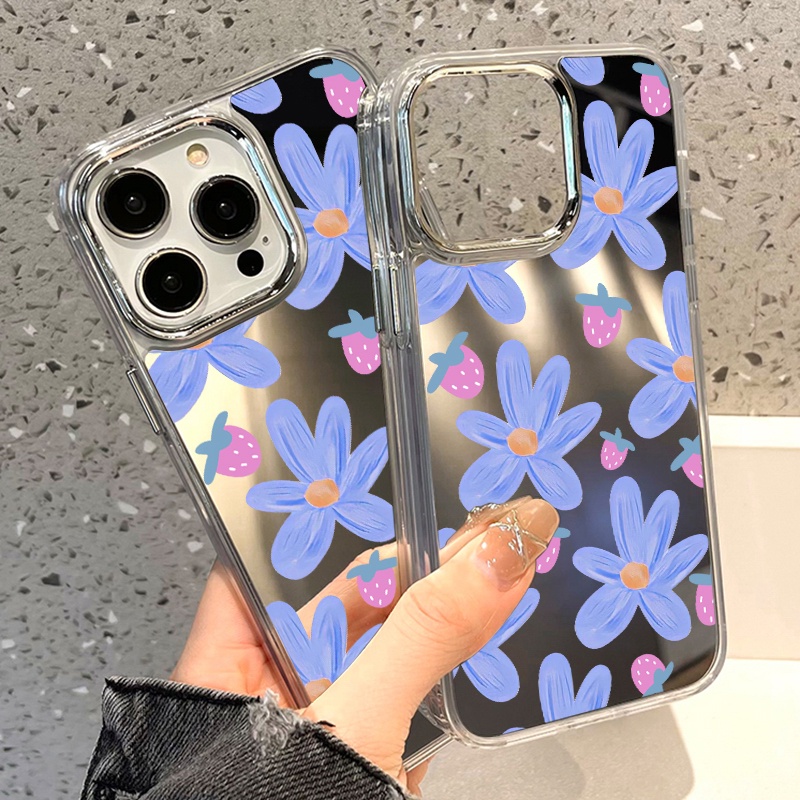 IPHONE Casing Ponsel Cermin Bunga Strawberry Biru Ungu Kompatibel Untuk Iphone11 12 13 14 12Pro 13Pro 14Pro Pro Max XR X XS Max Electroplating Tombol Perlindungan Mirror Cover