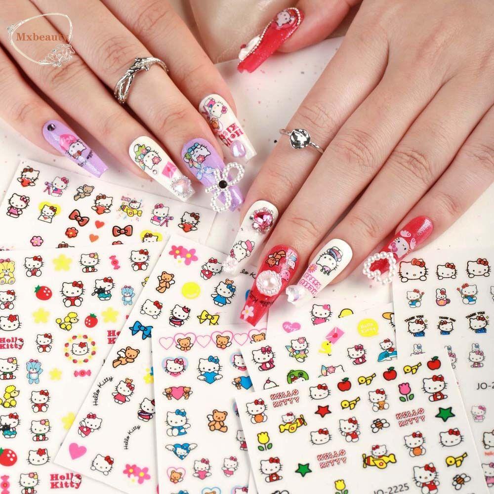 Mxbeauty Kartun Stiker Kuku Wanita Lucu Cinta Hati Ikatan Simpul Manikur Aksesoris Beruang Kitty Cat Nail Stickers