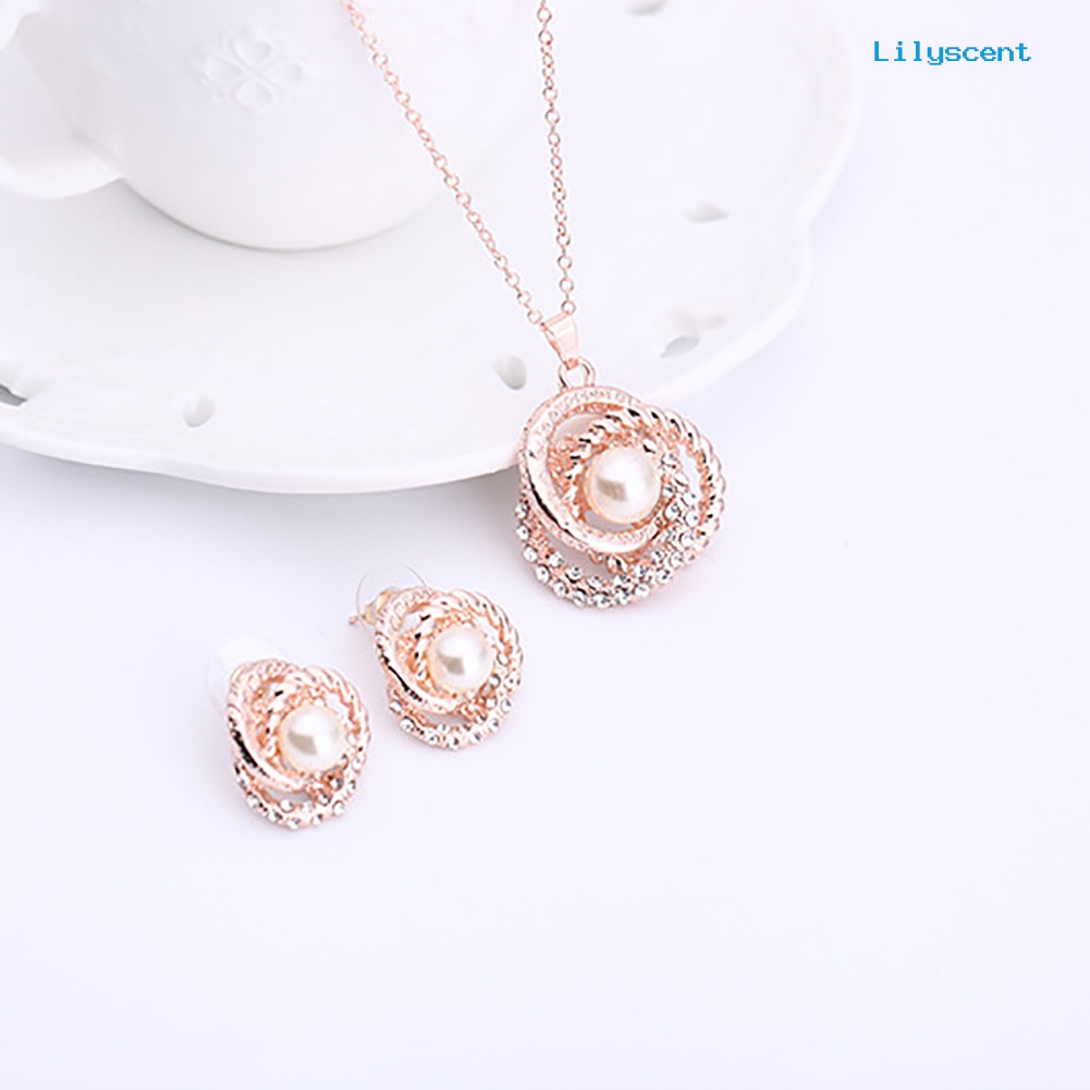 [LS]Wanita Mutiara Imitasi Berlian Imitasi Hias Kalung Anting Telinga Studs Set Perhiasan