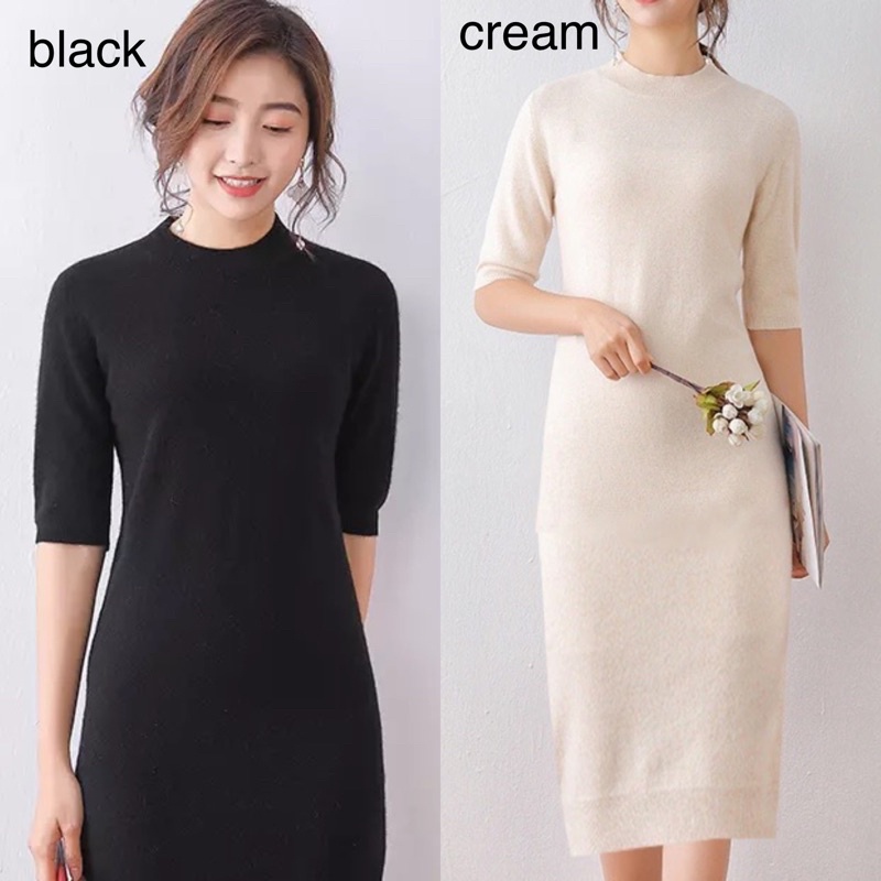 (D101) Slit midi knit loose dress rajut