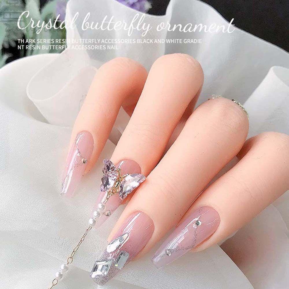 AUGUSTINA Agustina Butterfly Nail Rhinestones Wanita 3D Nail Art Drills Manicure Aksesoris Aurora Butterfly Pearl Nail Chain