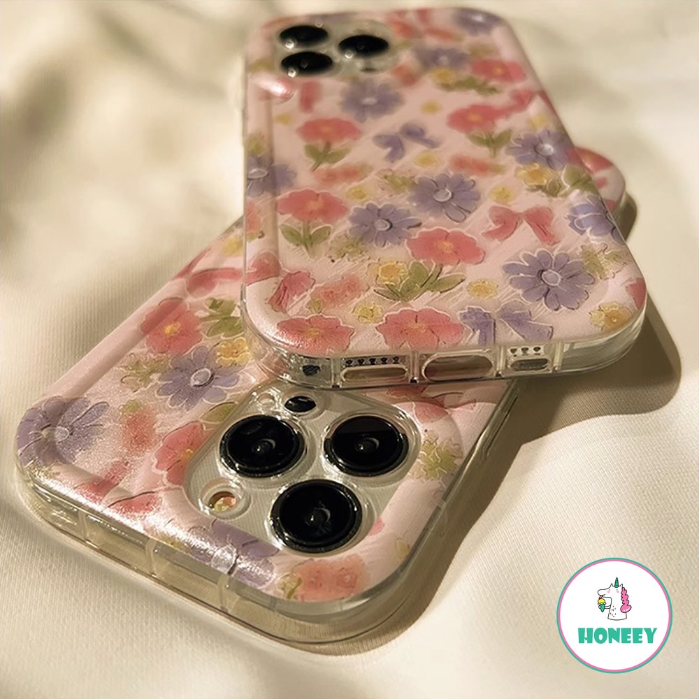 IPHONE French Pink Floral Sweet Flowers Casing Ponsel Untuk Iphone14 13 11 12 Pro Max13 14 Pro Cute Tie Bow Silikon Lembut Shockproof Cover