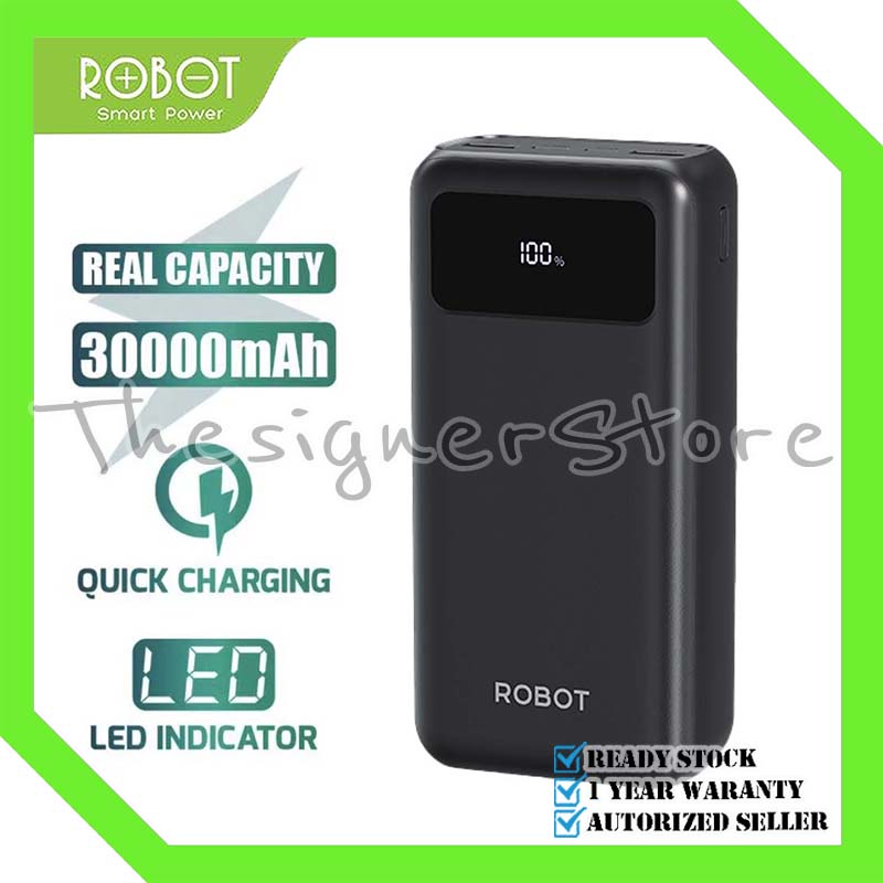 ROBOT RT32 PowerBank 30000mAh Fast Charging QC 3.0 22.5W LED Display 3 Output &amp; 2 Input