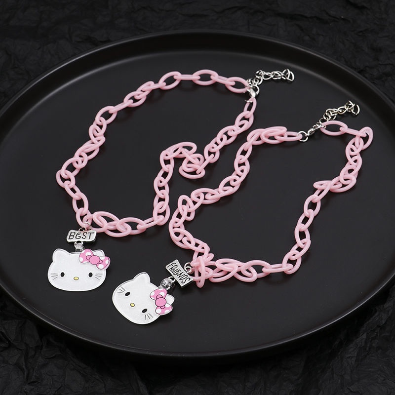 Niche Gaya Baru Hip Hop Manis Keren Gadis Panas Y2K Manik-Manik Bulat Lucu kitty Kucing Pink Cinta Hati Lock Kalung Hadiah Pacar