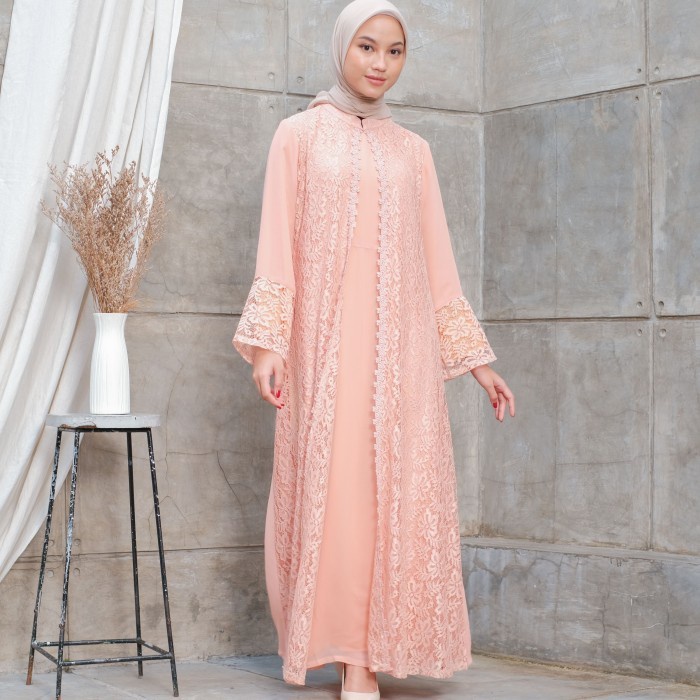New Style Trend Gamis 4WARNA Muslim Lebaran Haji Brukat Pesta Mewah 055 Ada Jumbo - Peach, M