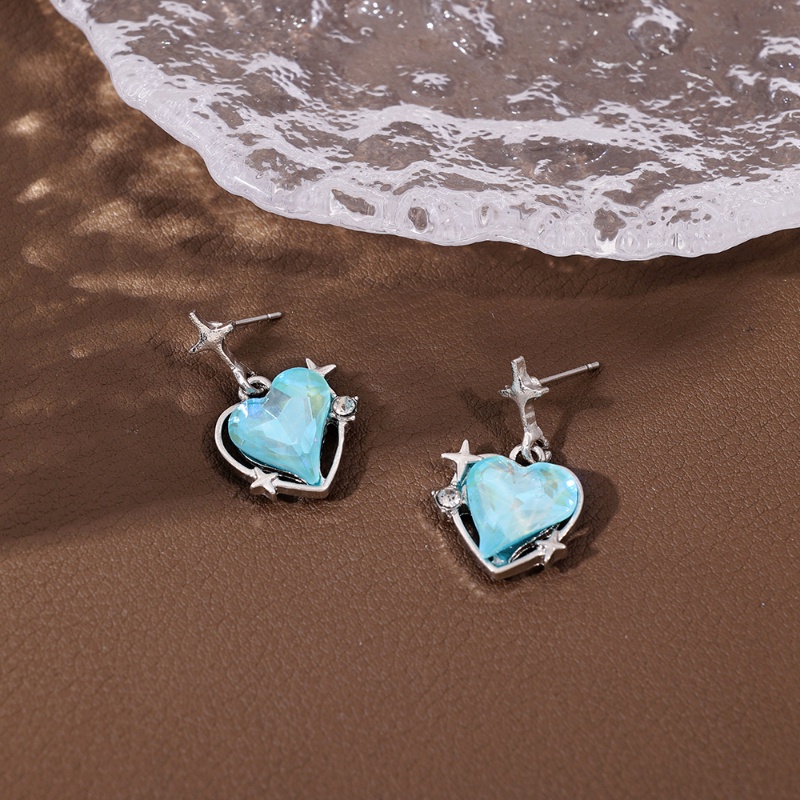 Gadis korea desain Niche jahitan bintang anting biru bentuk hati / kepribadian manis gaya keren tingkat tinggi rasa anting liontin / perhiasan telinga Fashion