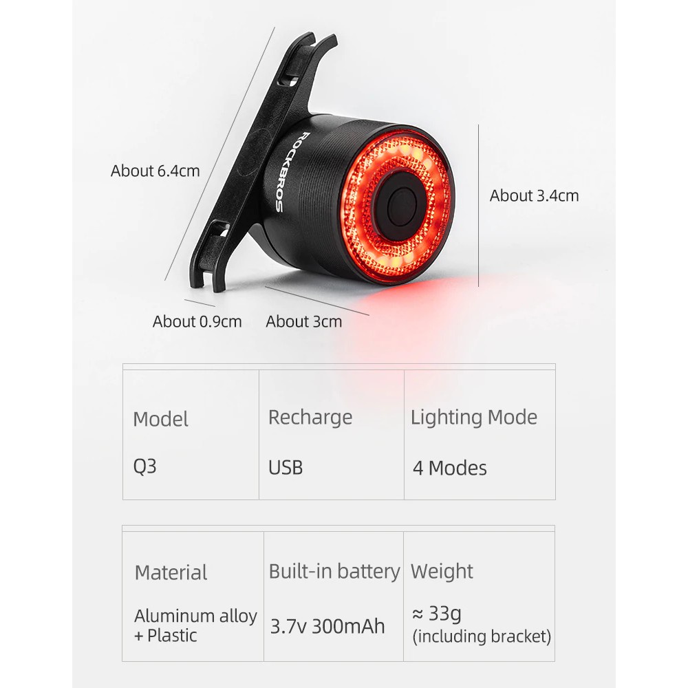 523 ROCKBROS Q3 Smart Bike Tail Light Waterproof IPX6 - Lampu Sepeda