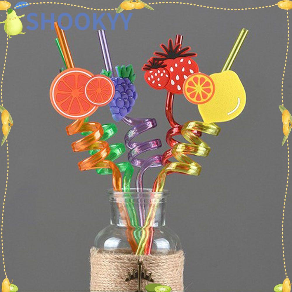 CHOOKYY 1/5pcs Sedotan Reusable Buah Desain Berbeda Perlengkapan Pesta Dekorasi Minum Anak Motif Kartun