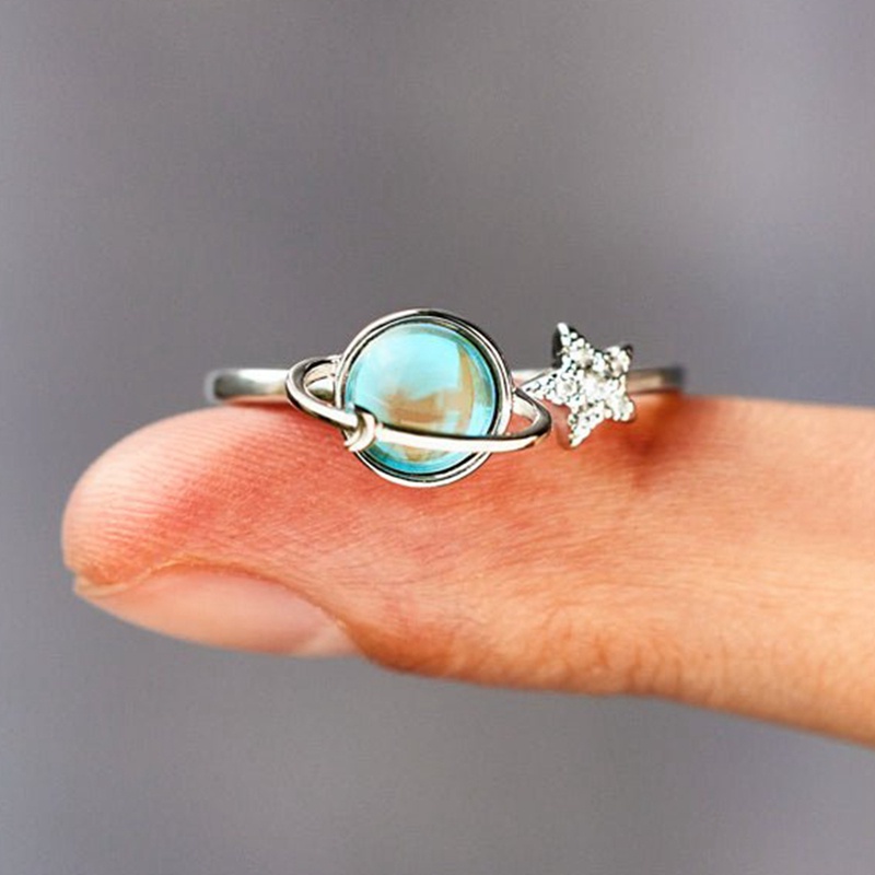 Cincin Planet Bulan Bintang Yang Dapat Diputar Baru Moonstone Rotating Anxiety Decompression Adjustable Finger Ring Untuk Wanita Perhiasan Hadiah