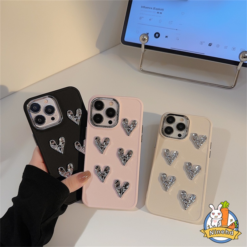 IPHONE Mewah Plating Bingkai Matte Hati Cinta Ponsel Case Kompatibel Untuk Iphone14 13 12 11 Pro Max X Xr Xs Max 8 7 6 6s Plus SE 2020warna Solid Shockproof Bumper Soft Case TPU Penutup Belakang