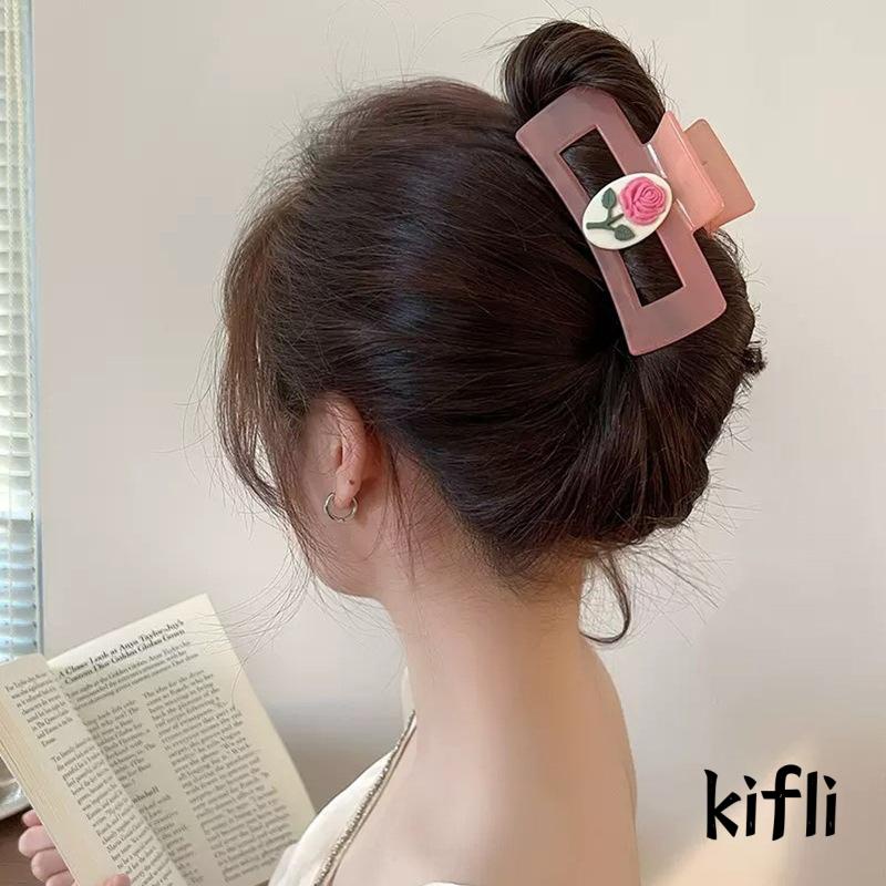 [KD] Hair Claw Clip Pink Rose Flower Elegan Sense Romantis Gaya Perancis Hiu Klip Aksesori Rambut