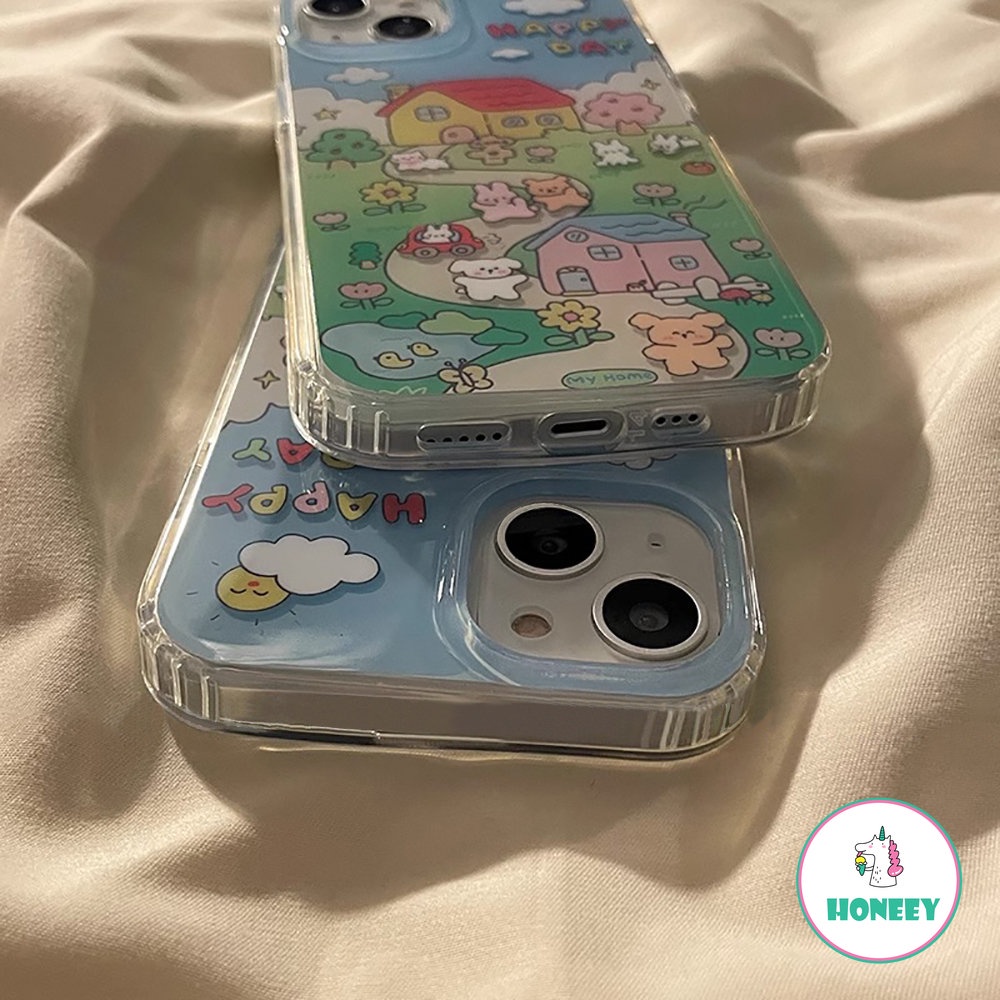 Cute Bear Bunny Graffiti Phone Case Kompatibel Untuk iPhone 14 Pro 12 13 Pro Max Case Iphone11 Bahan Akrilik Keras Anti-Drop Cover Pelindung