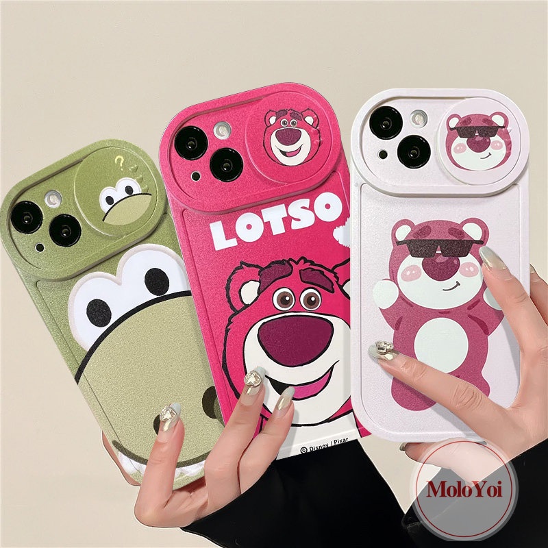 Funny Dinosaur Push Pull Window Camera Lens Protector Case Compatible For iPhone 11 13 12 Pro Max XR XS X Max 7Plus 8Plus Cute Cartoon Strawberry Bear Lotso Cover