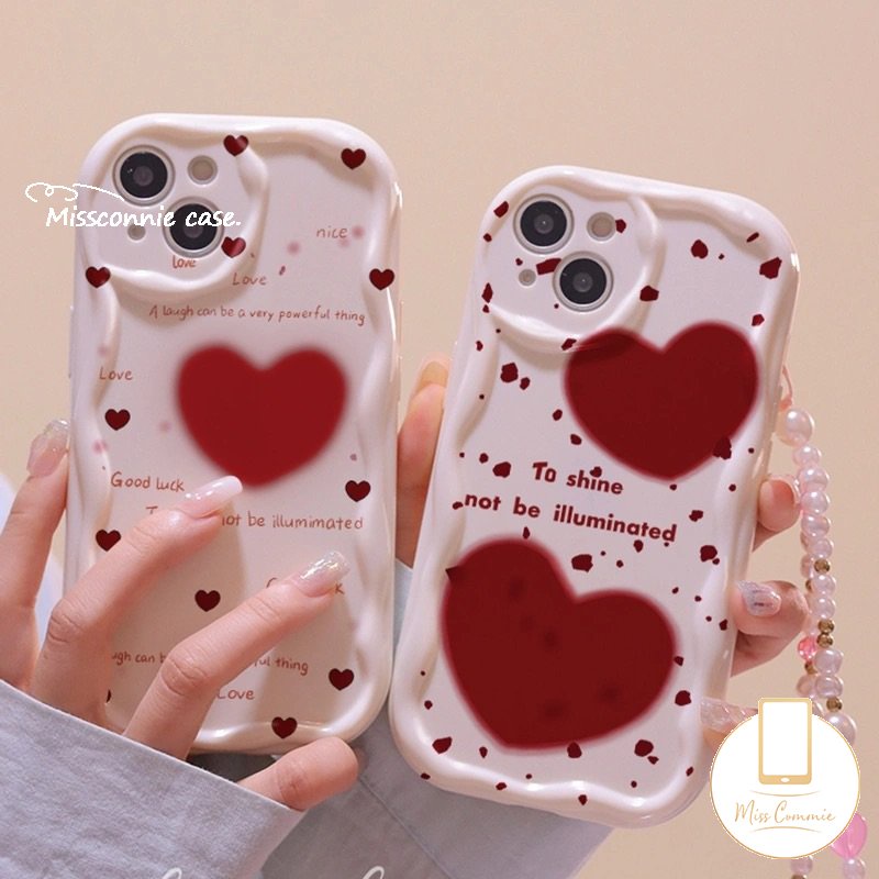 3D Wavy Curved Edge Couples Phone Case Compatible For iPhone XR 11 13 12 14 Pro Max 7 6s 6 8 Plus 7Plus X XS Max SE 2020 Red Love Heart Doodle Simple English Soft Shockproof Cover