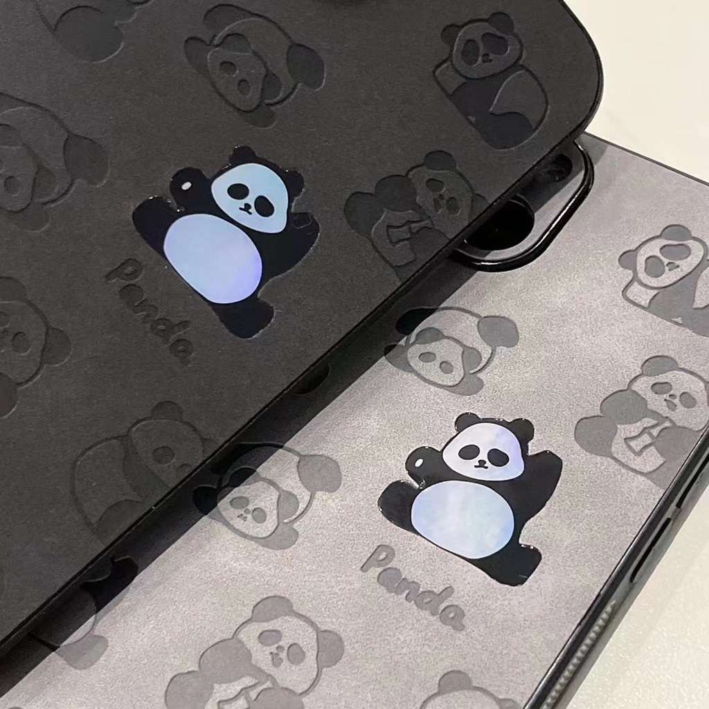 【Gradient Laser】So Cute China Panda Soft Bumper Hard Case IPhone 11 12 13 14 Pro Max Camera Protect for Girl Women Man Men's Fashion Gift Black Gray Cartoon Phone Case