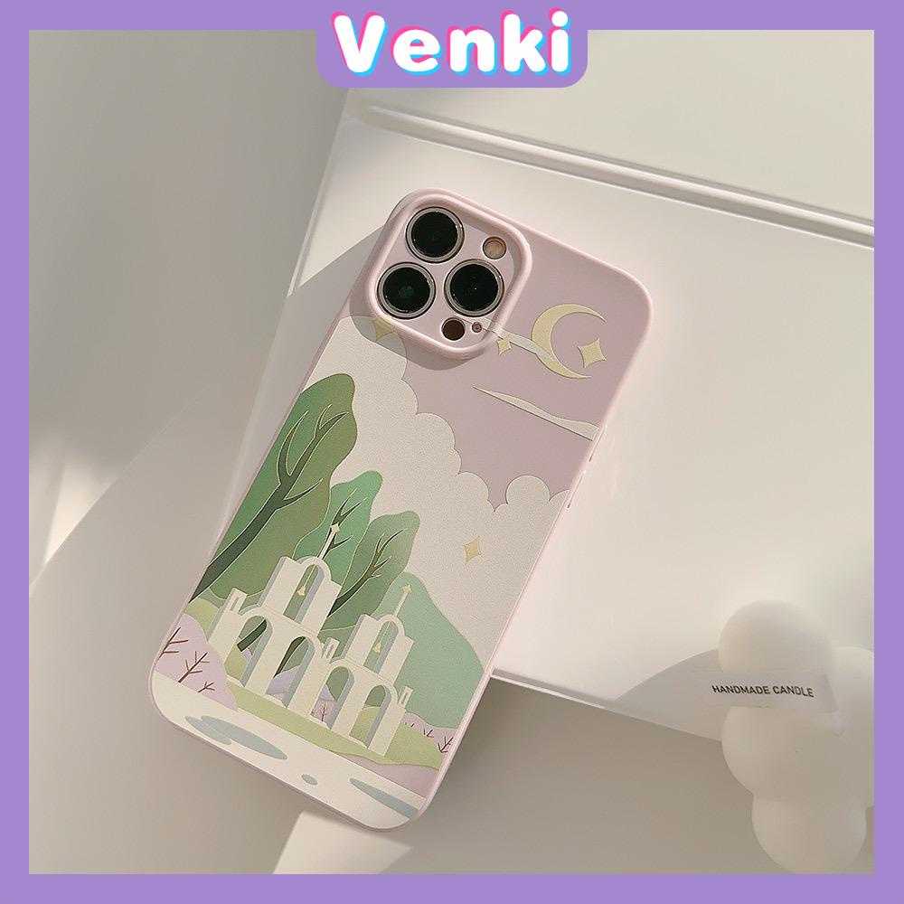 VENKI - Untuk iPhone 11 Case Film TPU Case Cream Glossy Perlindungan Kamera Minimalis Minyak Lukisan Gereja Kompatibel dengan iPhone 14 13 Pro Max iPhone 12 Pro Max XR XS 7Plus 8Plus