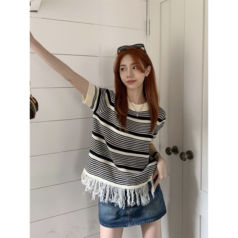 Sweater Oversize Wanita Lengan Pendek Stripe Rajut Premium Atasan