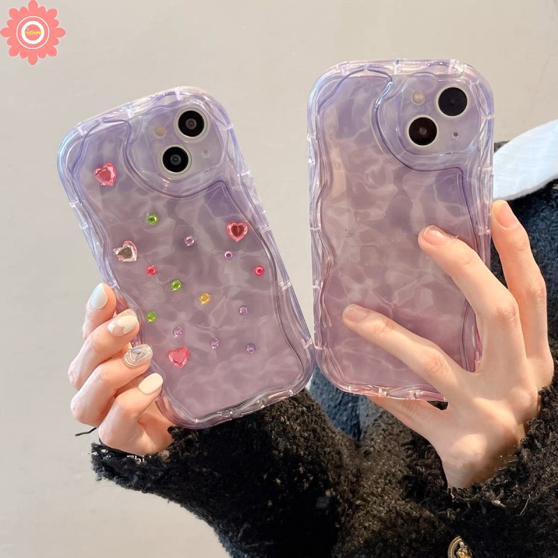 Case Kompatibel Untuk iPhone 7Plus 11 13 14 12 Pro Max XR X8 6 7 6s Plus XS Max Se2020 3D Wavy Curved Edge Art Water Ripple Gradient Purple Pink Case Dengan Stiker Berlian