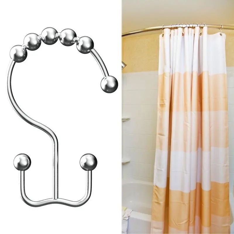 Shower Curtain Rings Metal Anti Karat Double Shower Hook/Stainless Steel Roller Double Hooks/Tirai Kamar Mandi Rolling Shower Curtain Hooks Ring/Aksesoris Kamar Mandi/