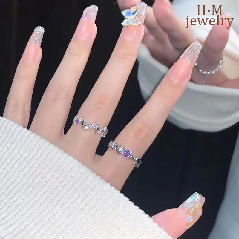 Cincin Terbuka Berbentuk Hati Berlian Ungu S925 Perak2023Baru