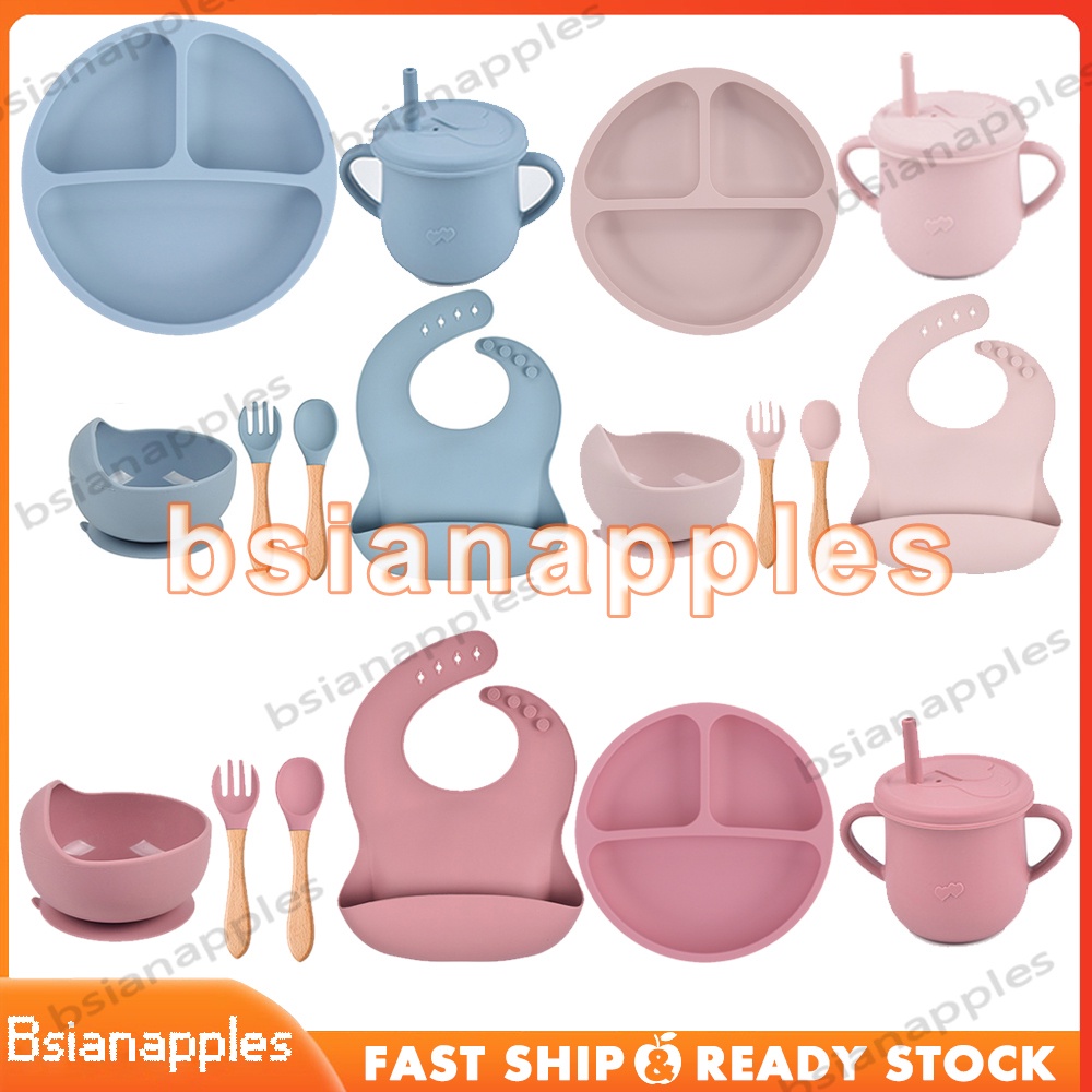 6 pcs Peralatan Makan Bayi Silikon Alat pemberian makanan tambahan untuk anak-anak Peralatan makan silikon peralatan makan mpasi BPA Free Waterproof Mangkok Piring Sendok Garpu Bib Cup Silikon Non Slip