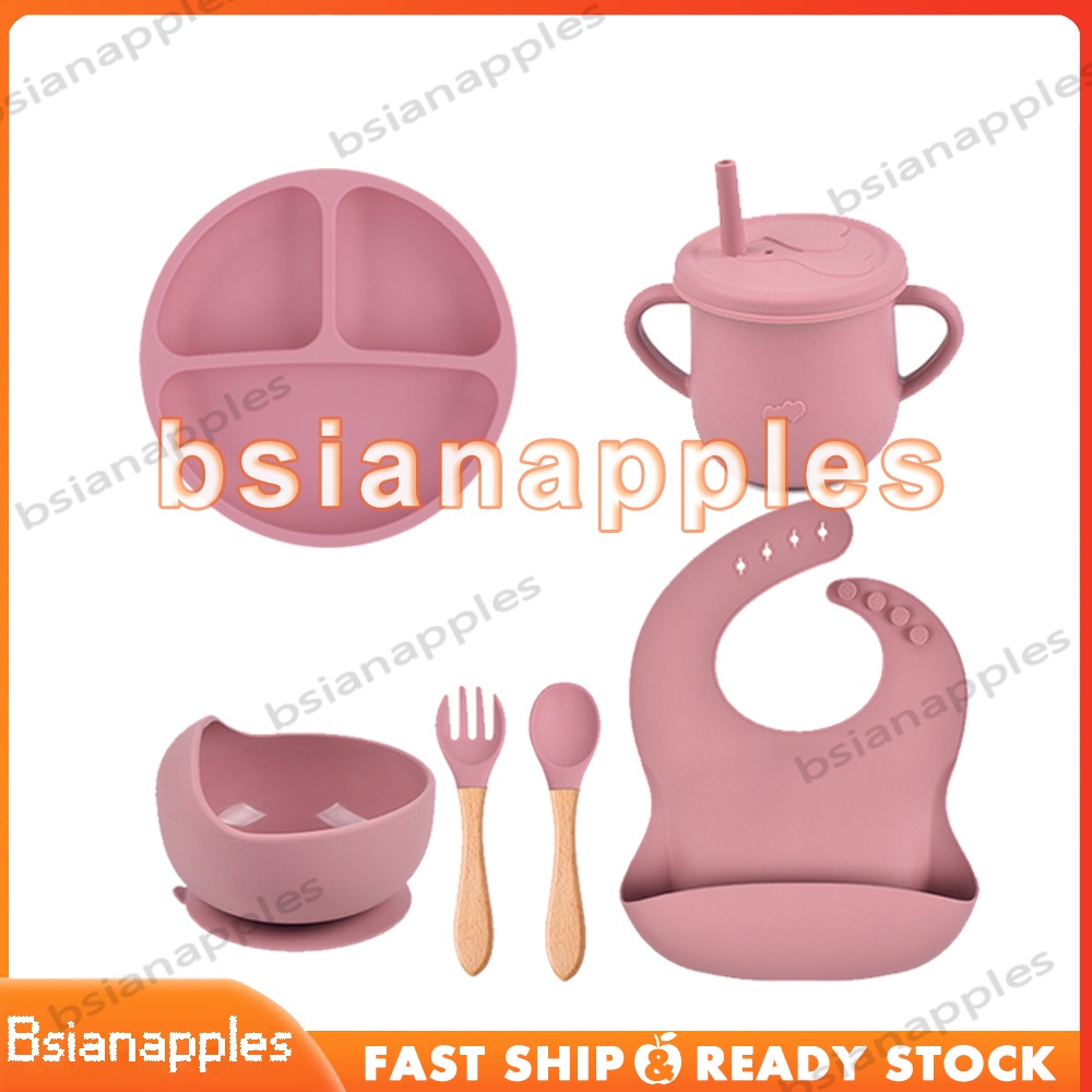 6 pcs Peralatan Makan Bayi Silikon Alat pemberian makanan tambahan untuk anak-anak Peralatan makan silikon peralatan makan mpasi BPA Free Waterproof Mangkok Piring Sendok Garpu Bib Cup Silikon Non Slip