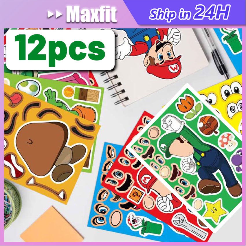 

12Pcs Mario Diy Stiker Ganti Muka Stiker Ekspresi Wajah Kartun Anak Anime Puzzle Stiker