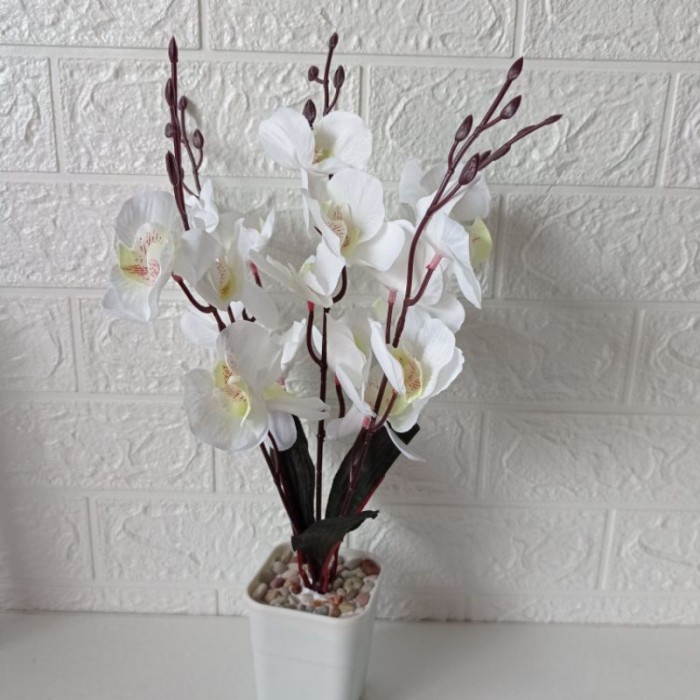 Bunga Plastik Hias Anggrek 5 Cabang Tinggi 30 cm Pot Kotak Murah - Kuning