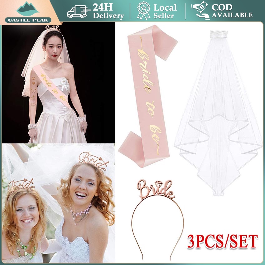 3PCS Bridal Shower Paket Banner Slempang Bando Perlengkapan Bridal Shower Pesta Bujangan Set Pengantin Tiara Bando Mahkota Pengantin Baru Wanita Gold