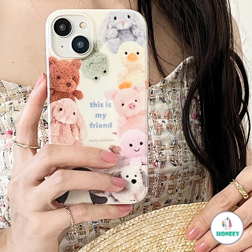 IPHONE Ins Kartun Hewan Boneka Ponsel Case Untuk Iphone14 11 12 13 Pro Max Cover Gadis Korea Hati IMD Shockproof Hard Back Cover