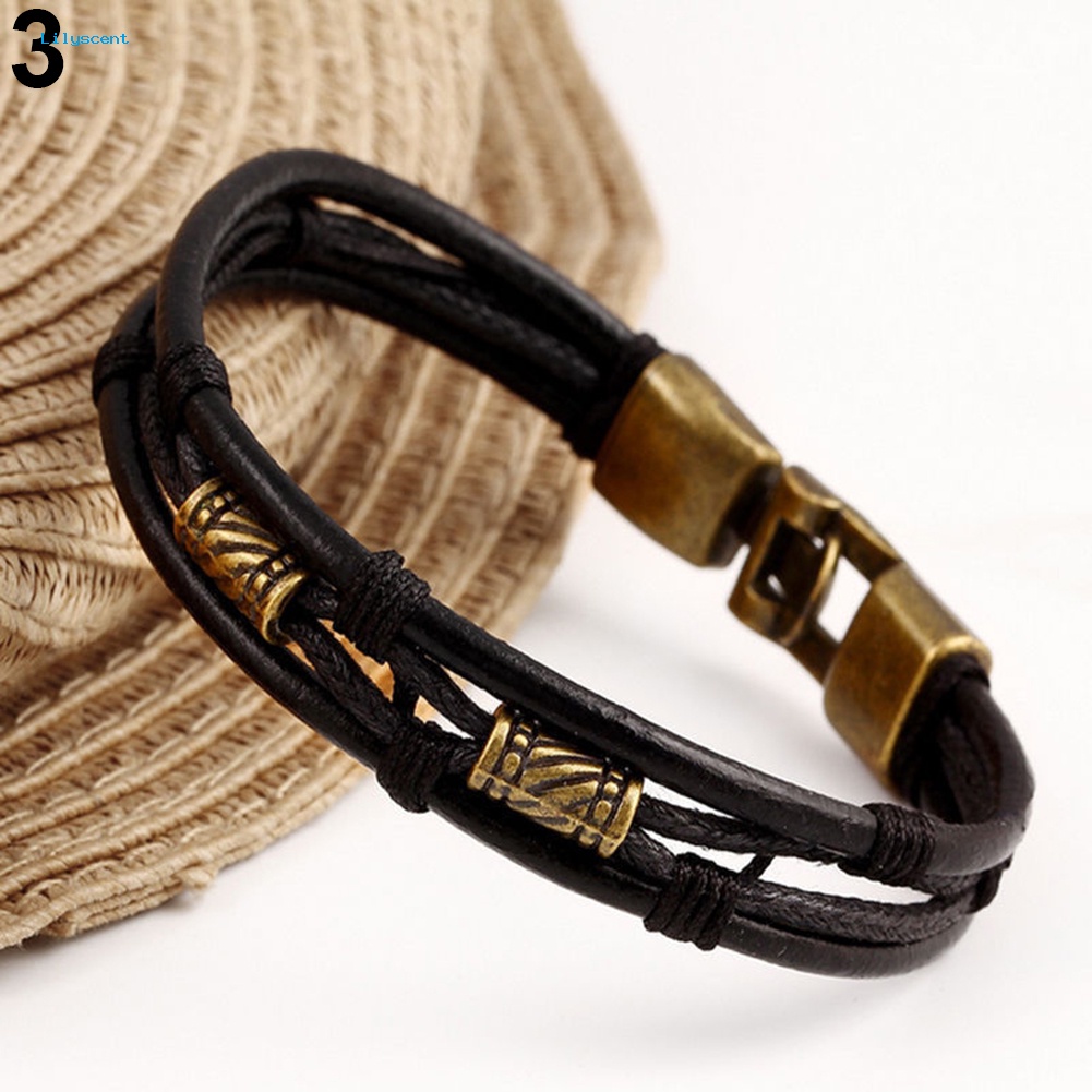 Lilyscent Vintage Pria Wanita Kulit Imitasi Multilayer Gelang Bangle Gelang Perhiasan