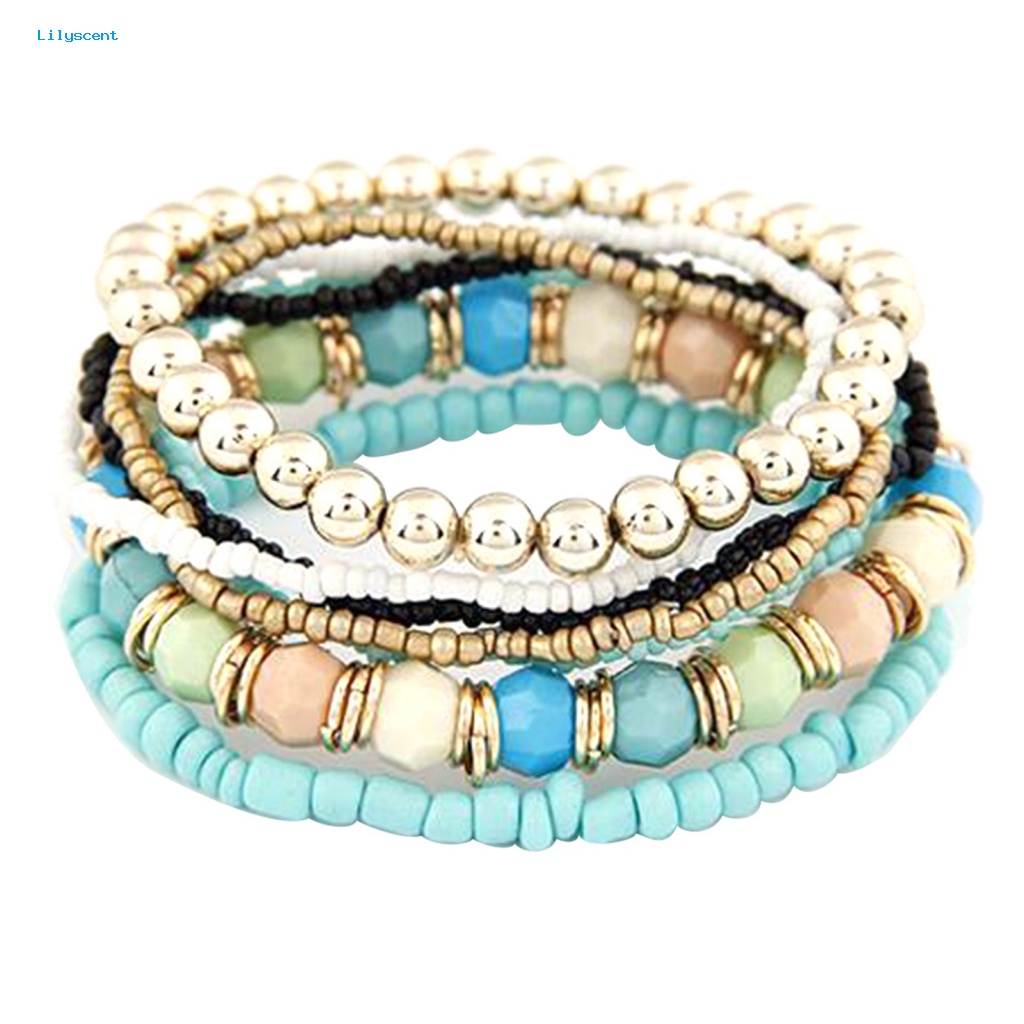 Lilyscent 7Pcs/Set Multicolor Bangle Untuk Pacaran Wanita Boho Gelang Manik-Manik Elastis Bohemian