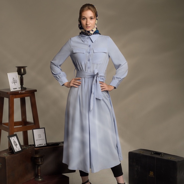 Kemeja tunik wanita / Benhill Gamis Polos Cotton  Dusty Blue A204-2931L