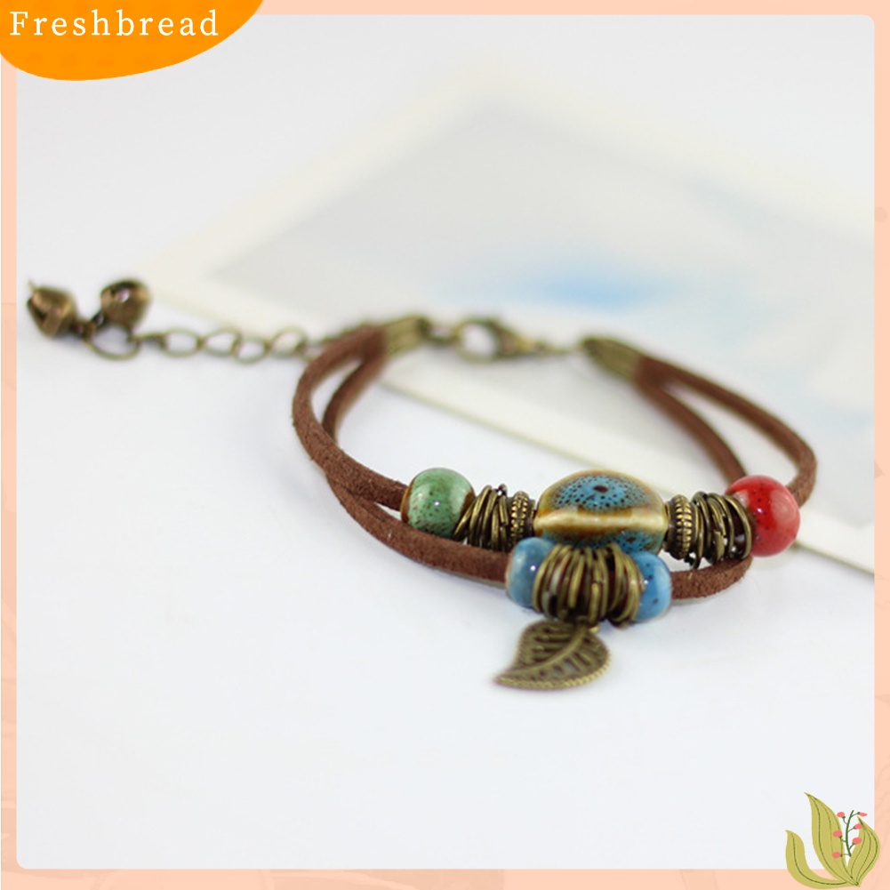 &lt; Freshbread &gt; Bohemian Wanita Double Layer Leaf Charm Ceramics Beads Gelang Tali Kulit Imitasi