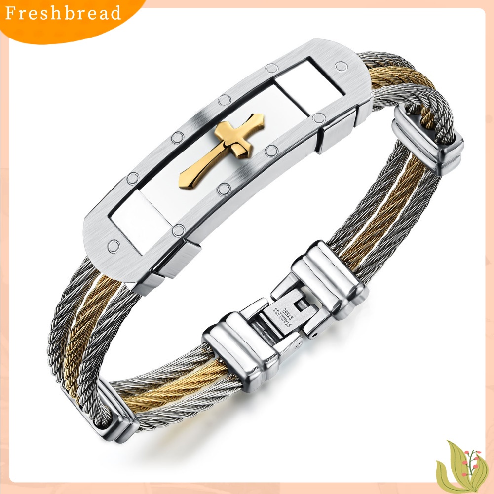 &lt; Freshbread &gt; Perhiasan Gelang Tangan Bangle Salib Tiga Lapisan Stainless Steel Unisex Bergaya