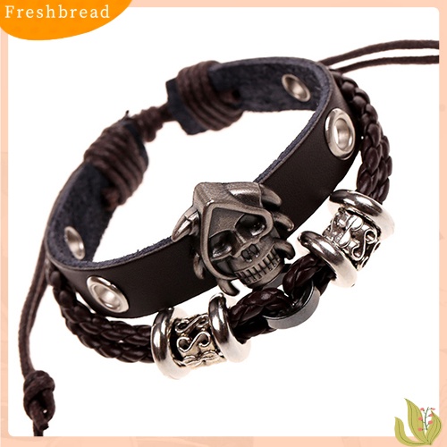 &lt; Freshbread &gt; Fashion Pria Wanita Punk Tengkorak Dikepang Kulit Imitasi Multilayer Buatan Tangan Gelang