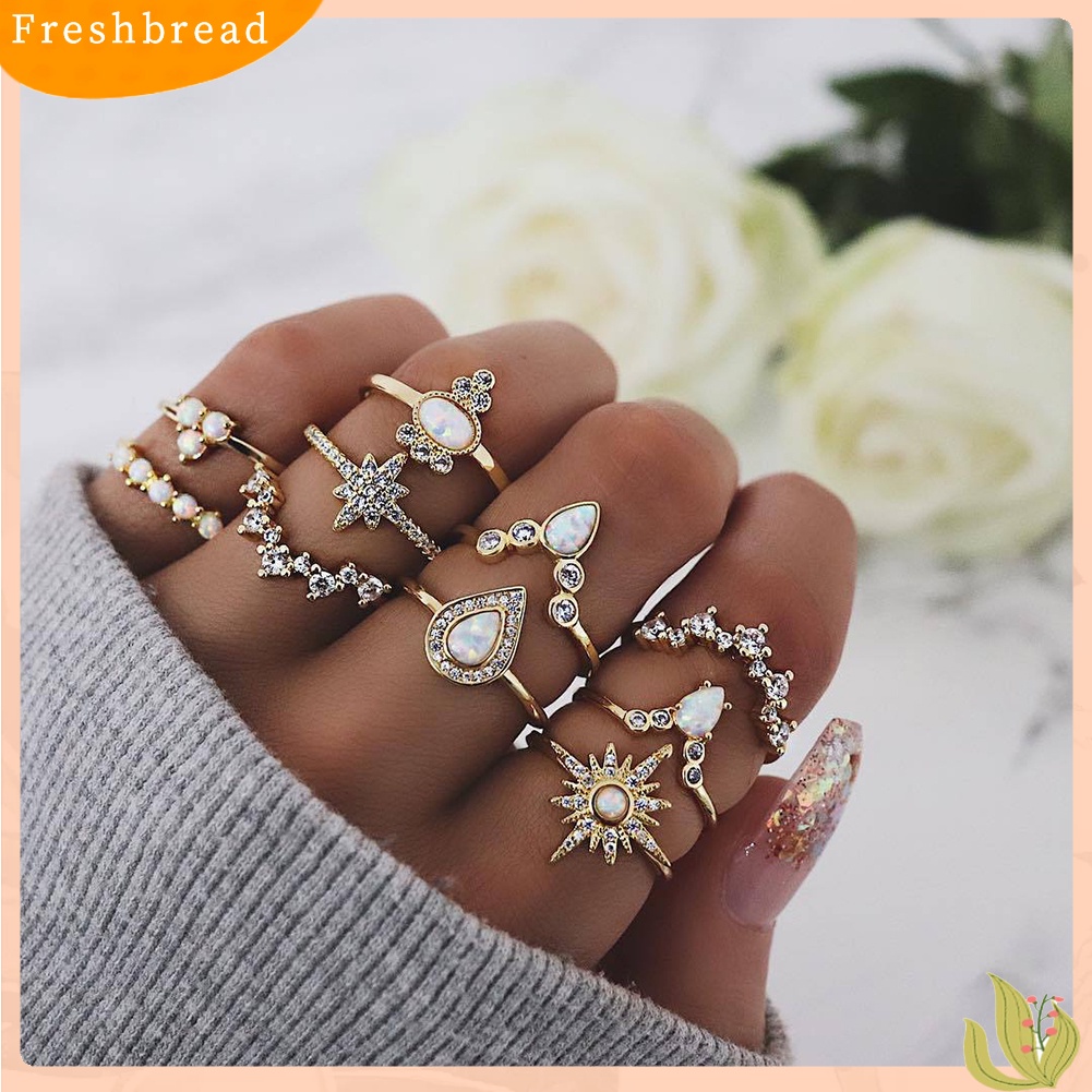 &lt; Freshbread &gt; 10Pcs/Set Wanita Tetesan Air Mahkota Berlian Imitasi Susun Midi Knuckle Finger Rings