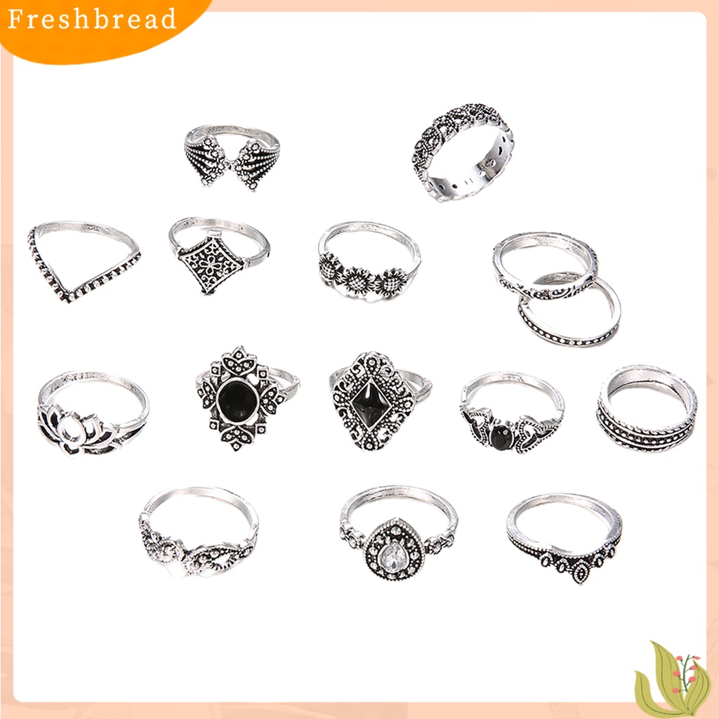 &lt; Freshbread &gt; 15Pcs/Set Wanita Berongga Lotus Bunga Matahari Geometris Faux Permata Susun Jari Cincin