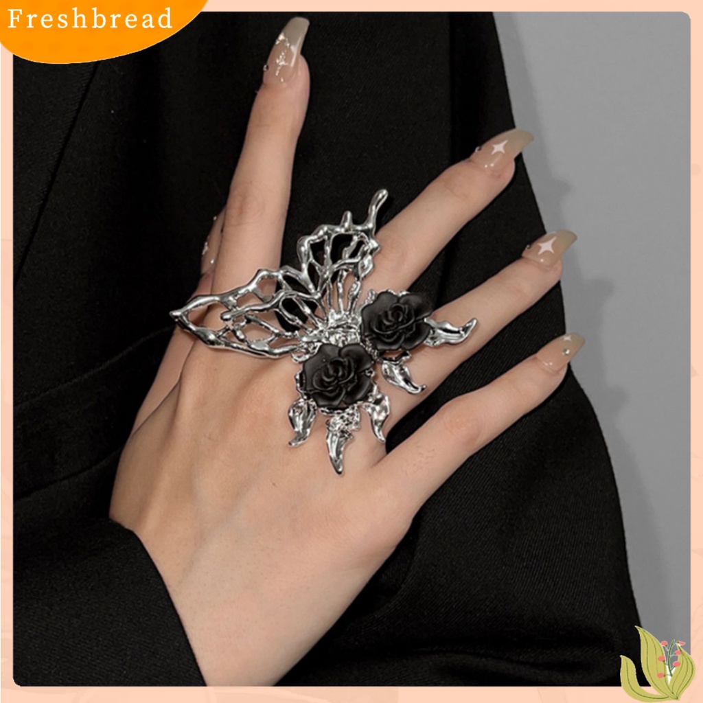 < Freshbread > Wanita Cincin Berlebihan Pembukaan Gothic Punk Tidak Teratur Hadiah Berlian Imitasi Berongga Kupu-Kupu Hitam Mawar Jari Cincin Perhiasan Fashion