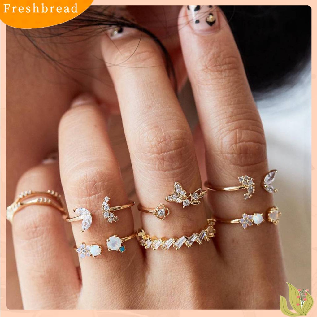 &lt; Freshbread &gt; 7Pcs Cincin Pembukaan Elegan Berlian Imitasi Mengkilap Tahan Aus Cincin Jari Temperamen Wanita Untuk Dekorasi