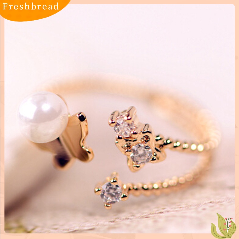 &lt; Freshbread &gt; Wanita Fashion Mutiara Imitasi Berlian Imitasi Bertatahkan Kupu-Kupu Jari Cincin Perhiasan Hadiah