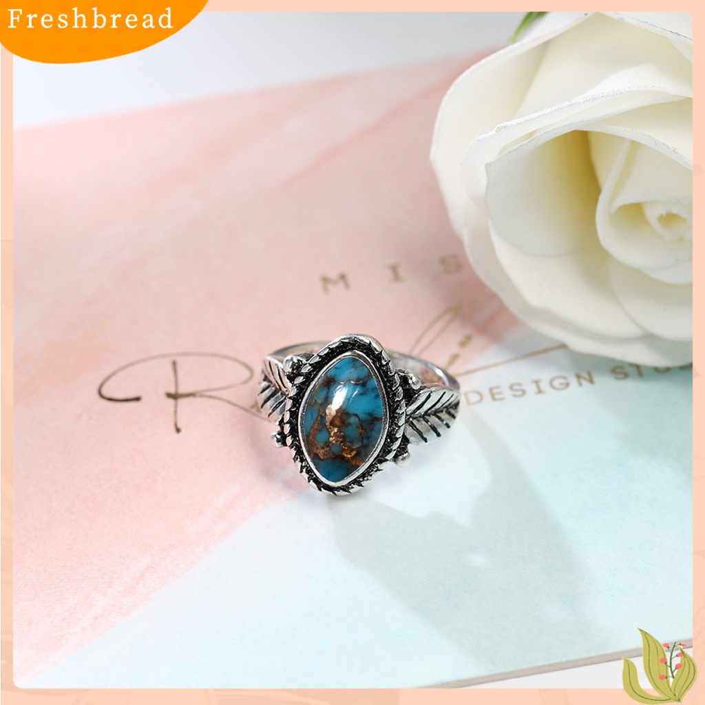 &lt; Freshbread &gt; Wanita Cincin Indah Imitasi Pirus Portabel High-end Vintage Hias Anti Karat Bentuk Daun Unisex Pria Buku Jari Cincin Hadiah Ulang Tahun