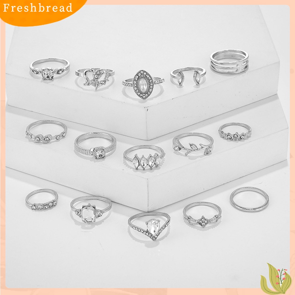 &lt; Freshbread &gt; 15Pcs/Set Cincin Fashion Kerajinan Tangan Geometris Hati Kristal Imitasi Perhiasan Ring Untuk Pesta