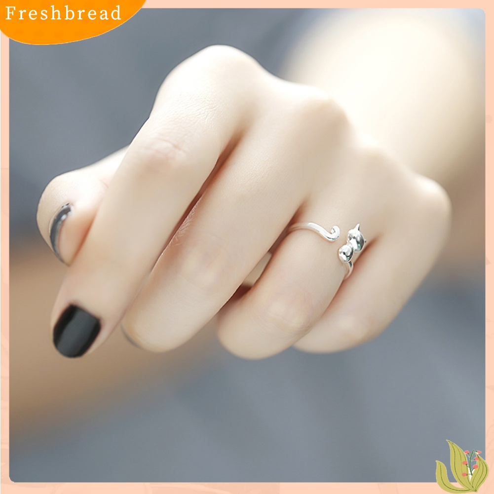 &lt; Freshbread &gt; Wanita Perak Berlapis Kucing Lucu Terbuka Hewan Jari Cincin Adjustable Perhiasan Hadiah