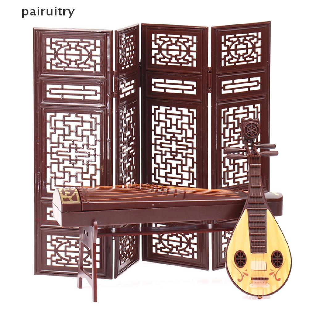 Prt Rumah Boneka Miniatur Layar Lipat Suling Lute Guzheng Kipas Ornamen Pemandangan Kehidupan PRT