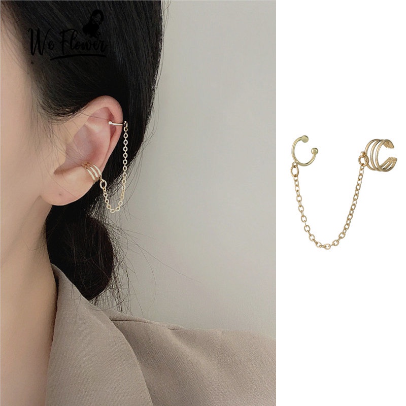 We Flower 1 Pc Elegan Emas Rumbai Rantai Klip Anting Untuk Wanita Gadis Chic Non Tindik Cuff Earrings Fashion Telinga Perhiasan Aksesoris