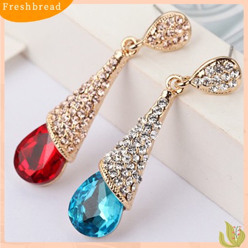 &lt; Freshbread &gt; Wanita Tetesan Air Lampu Gantung Berlian Imitasi Penuh Zirkon Anting Telinga Stud Ear-clip