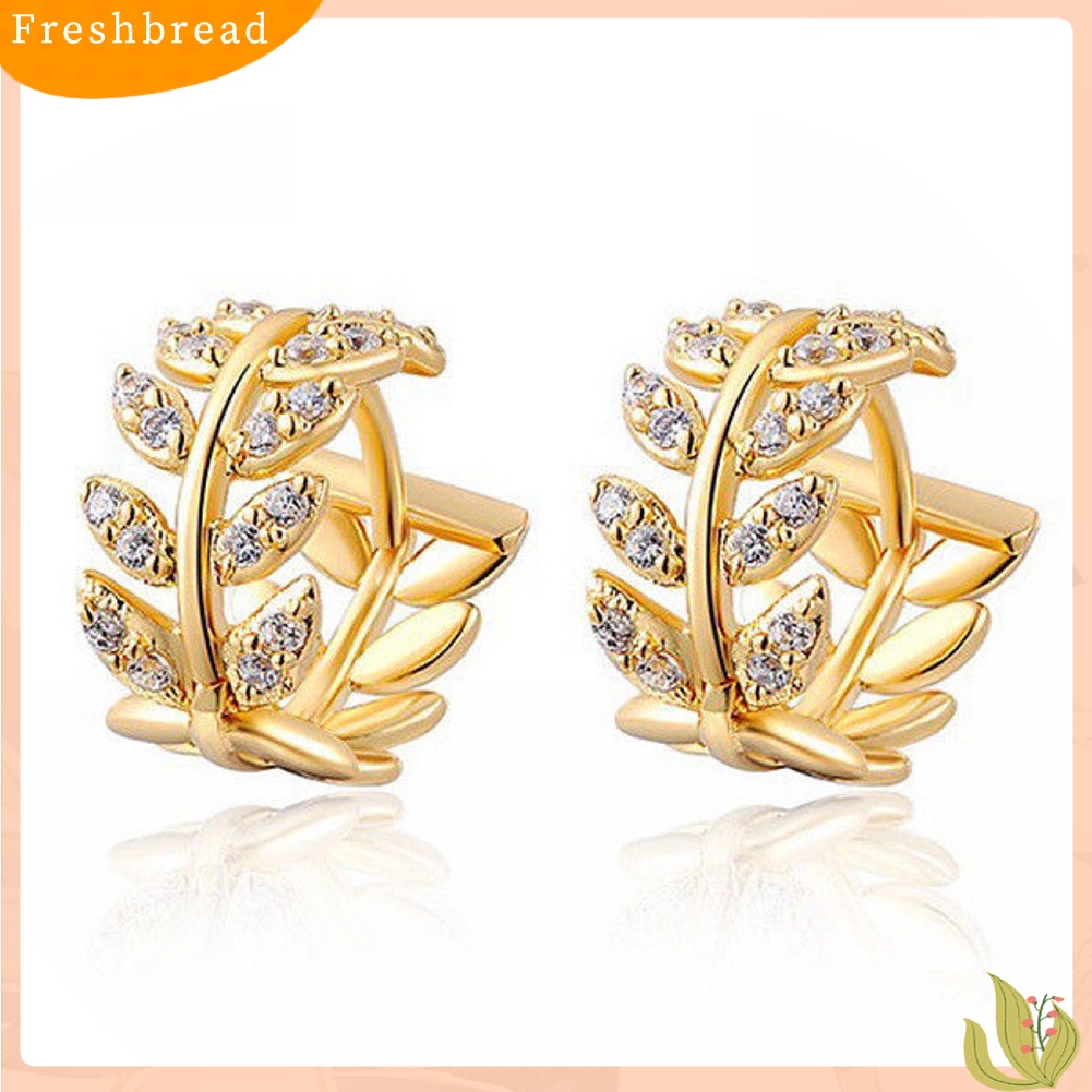 &lt; Freshbread &gt; Fashion Berlian Imitasi Daun Huggie Hoop Earrings Wanita Pesta Perjamuan Perhiasan Hadiah