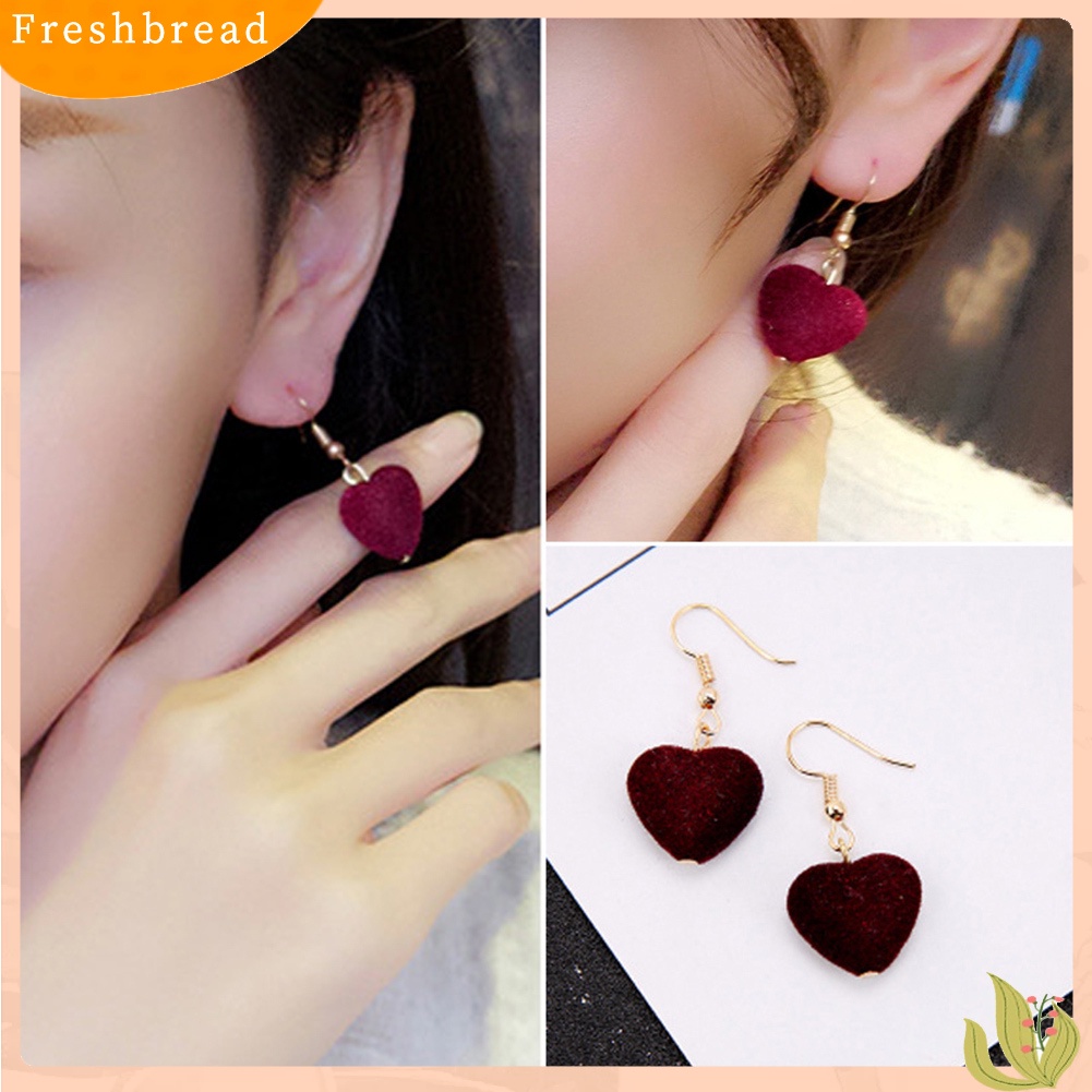 &lt; Freshbread &gt; Fashion Wanita Beludru Manis Hati Drop Menjuntai Kait Anting Eardrop Hadiah Perhiasan