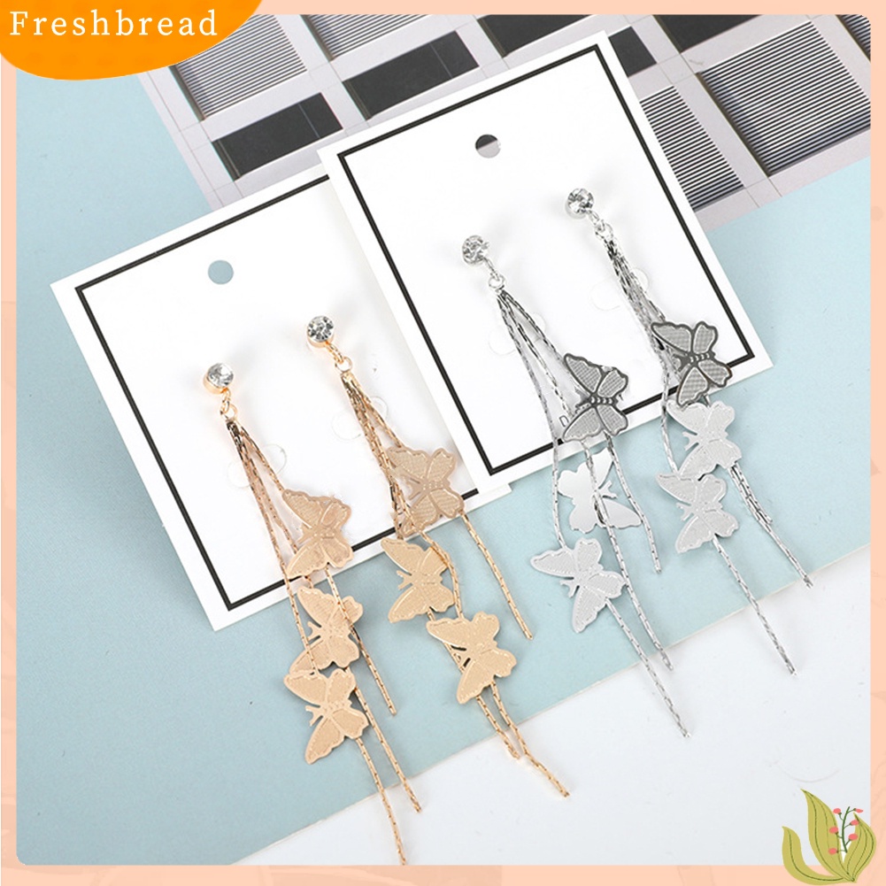 &lt; Freshbread &gt; Fashion Wanita Kupu-Kupu Rumbai Panjang Menjuntai Berlian Imitasi Stud Earrings Jewelry